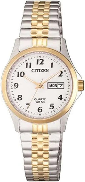 The Citizen Watch - Ladies Two-Tone Quartz (EQ2004-95A) features a stainless steel band, white dial, black numerals, gold-tone hands, date & day display, and WR 50βan elegant analog watch from Citizen for any occasion.