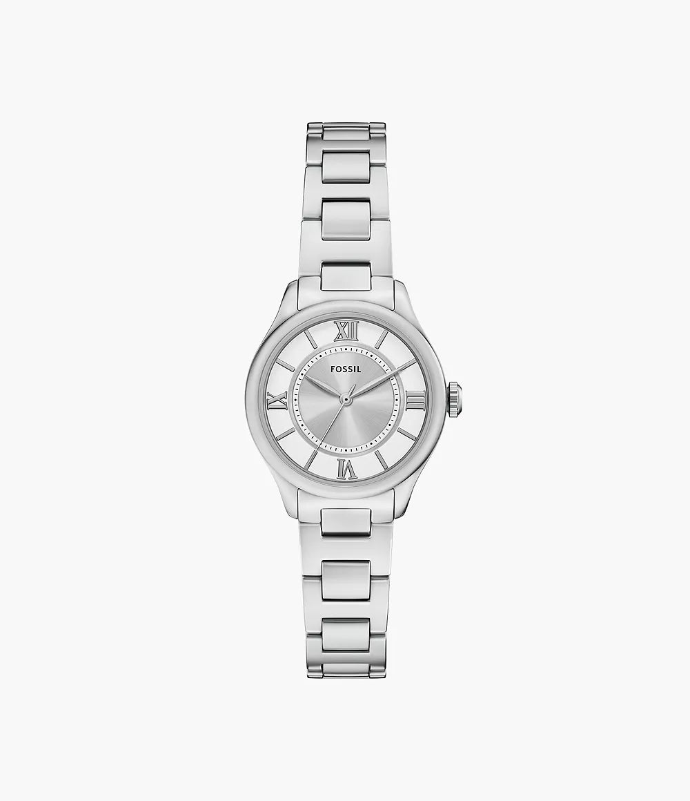 The Fossil Gilmore ES5419 is a women’s silver stainless steel watch featuring a round face, Roman numeral hour markers, and a metal link bracelet—an elegant Fossil accessory for any occasion, displayed on a white background.