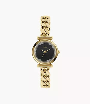 The Fossil Carlie Mini (ES5440) womenβs watch features a gold-tone stainless steel chunky chain-link band, a black round face, minimalistic gold hour and minute hands, and "Fossil" branding on the dial.