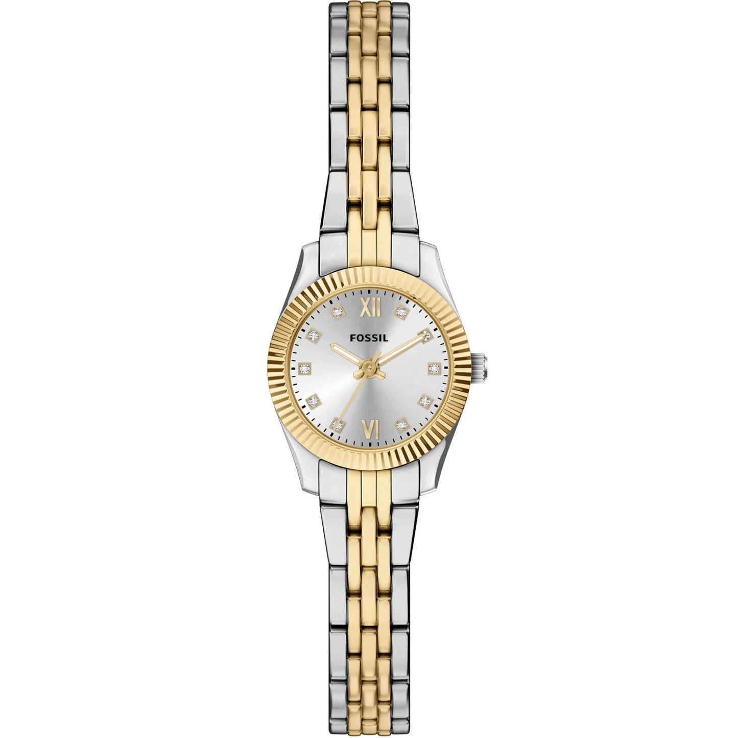 The Fossil Scarlette Mini ES5473 is a womenβs watch with a two-tone metal bracelet, round silver dial, gold Roman numerals, crystal hour markers, and a gold-tone ridged bezel for added elegance.