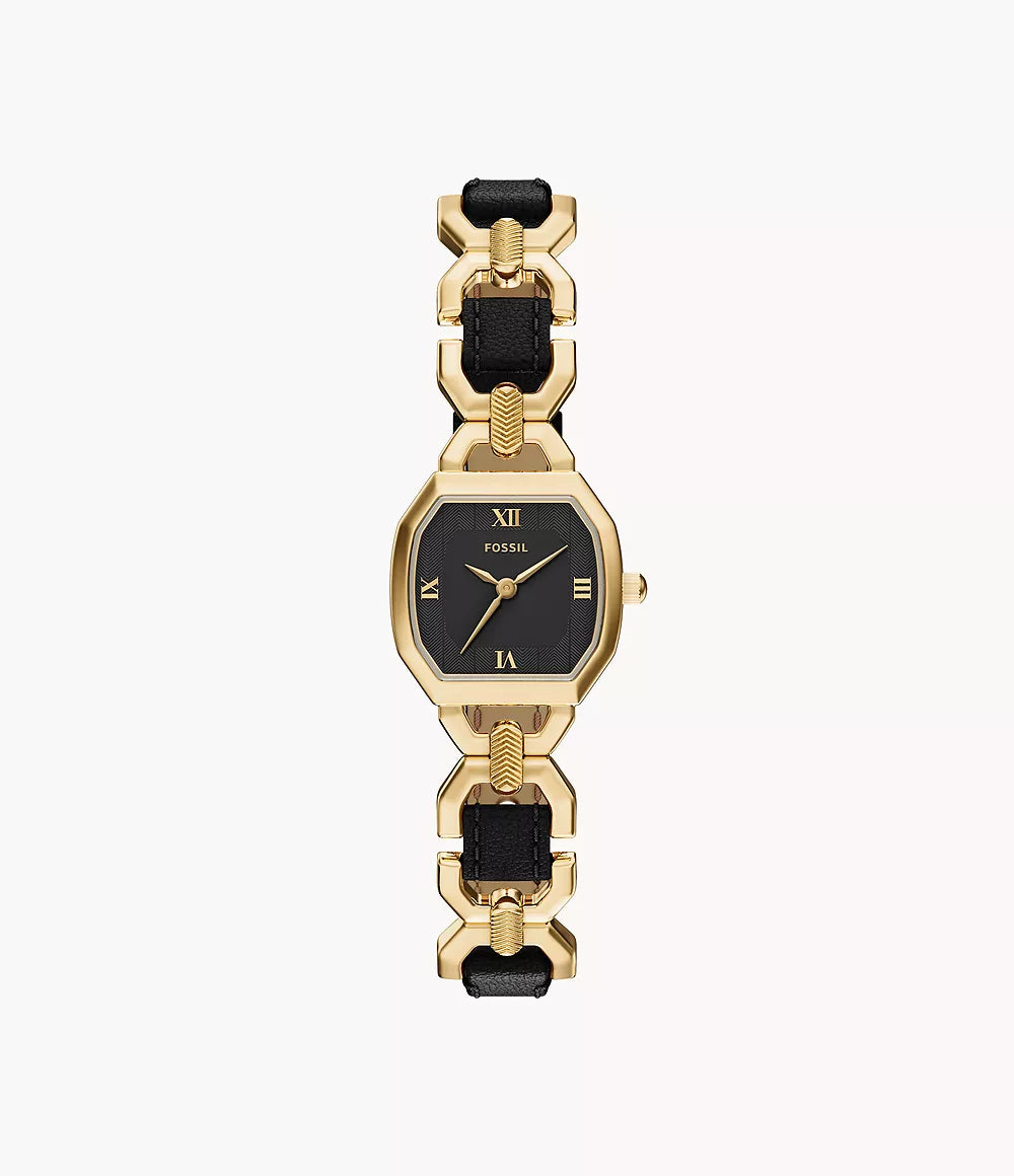 The Fossil Harlow ES5496, a womenβs watch from Fossil, showcases a striking square black face with Roman numerals and a linked strap featuring gold and black leather accents, all elegantly presented on a plain white background.