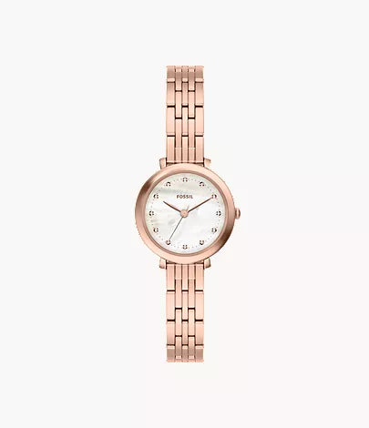 The Fossil Watch - Raquel - ES5532 features a rose gold-tone stainless steel link band and a round white face with minimalist hour markers, shown on a plain white background.