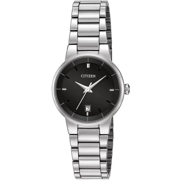 The Citizen Watch - Quartz - EU6010-53E is a women's silver watch with a black round face, simple hour markers, three hands, date window at 6 o'clock, and a stainless steel link band by Citizen.