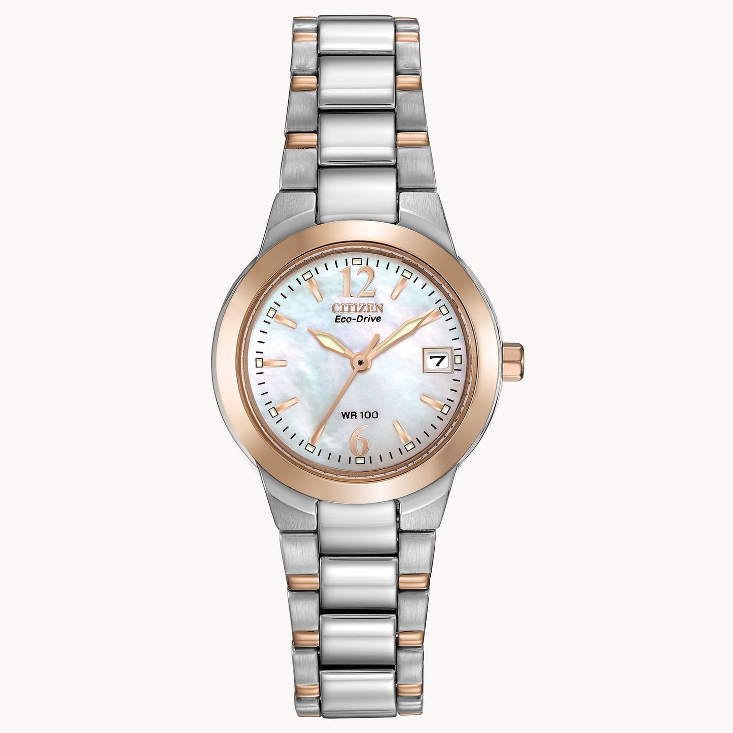 The Citizen Chandler EM1676-52D is a ladies' Eco-Drive watch with a silver and rose gold band, mother-of-pearl dial, gold-tone hands and markers, and a date display at 3 o’clock.