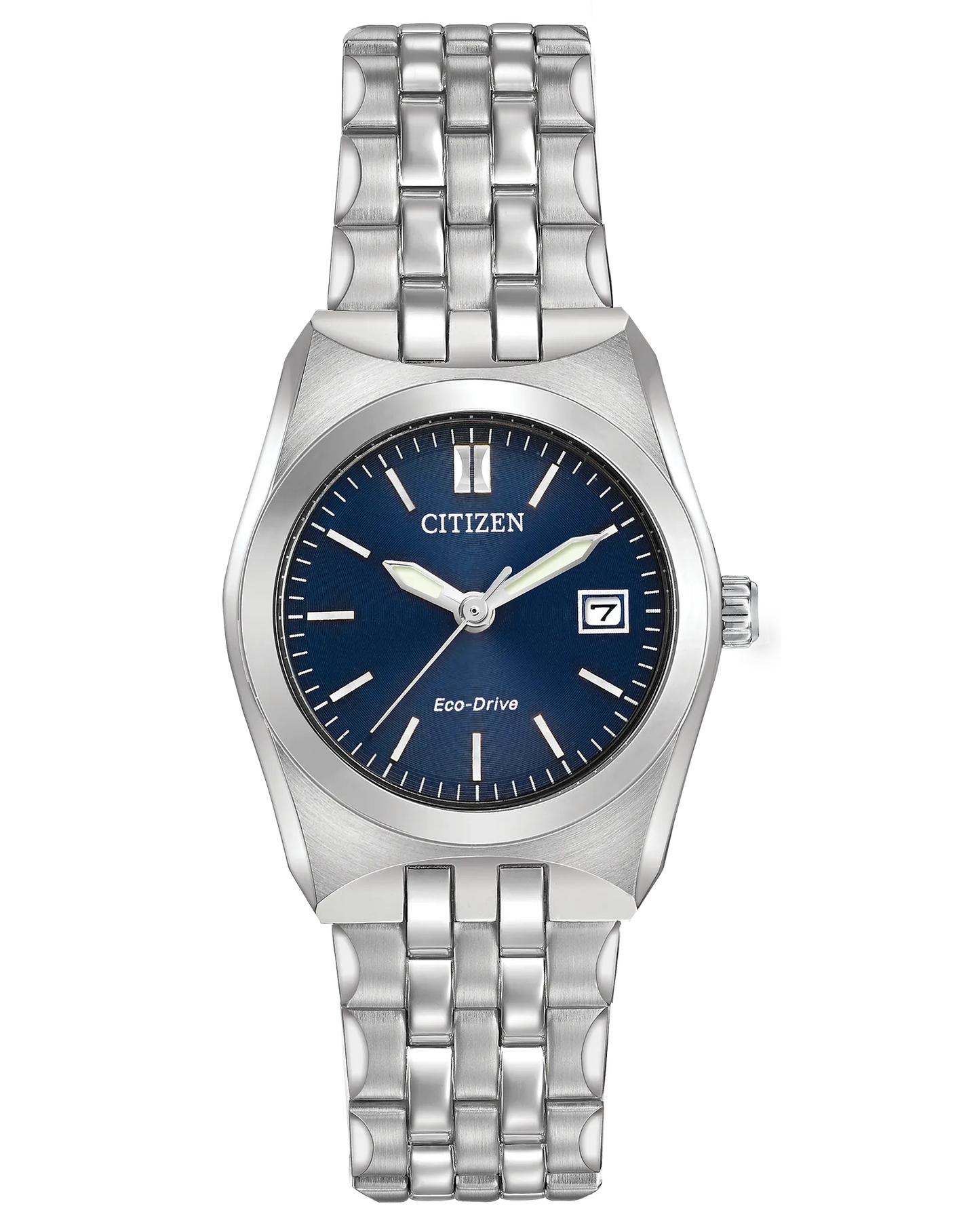 The Citizen Corso EW2290-54L is a silver stainless steel Eco-Drive watch with a blue face, silver hour markers and hands, and a date window at 3 o'clock.