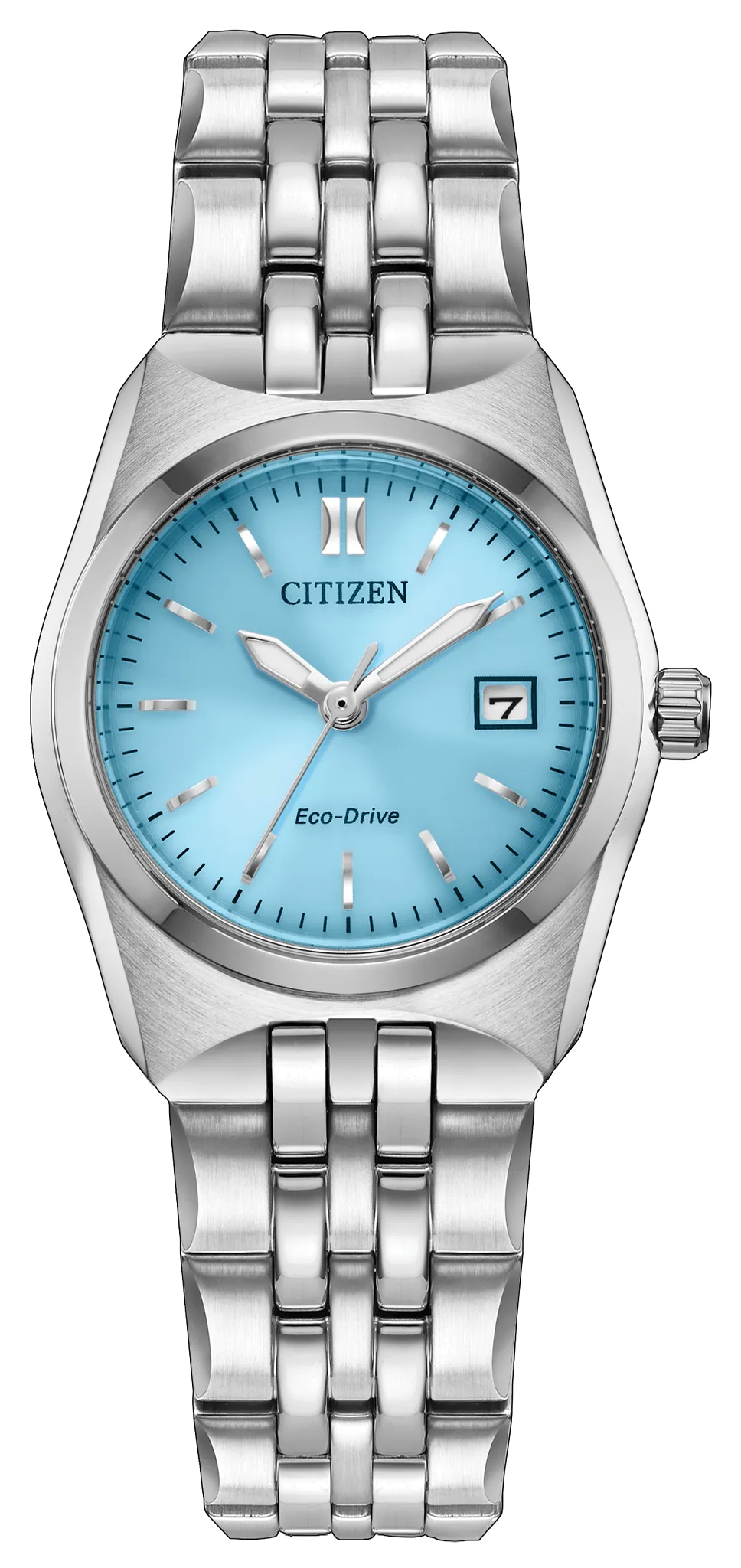 Citizen Ladies’ Corso EW2291-51L watch in silver-tone with a light blue dial, silver hands and markers, and a date window at the 3 o’clock position.