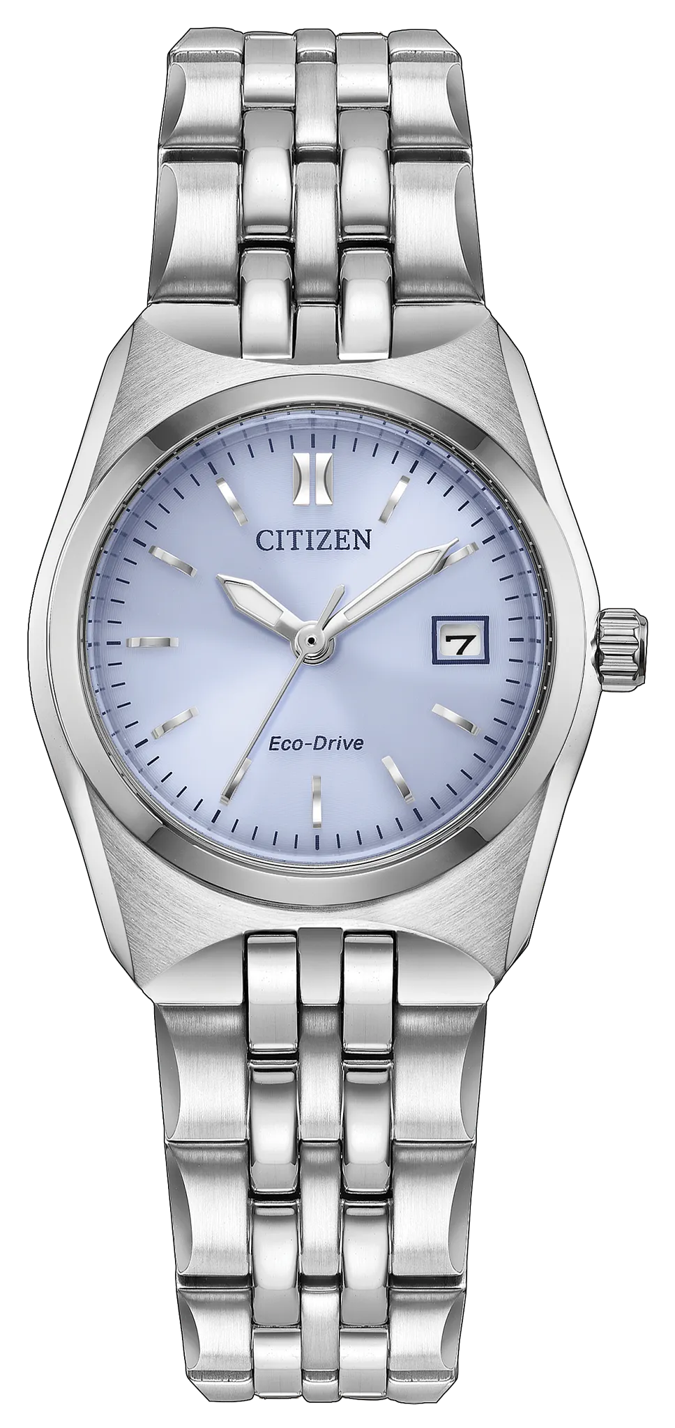 The Citizen Watch - Ladies’ Corso - EW2291-51Z by Citizen showcases a sleek stainless steel link bracelet, a silver-tone case, a light blue to lavender dial with silver hour markers, and a date window positioned at 3 o’clock.