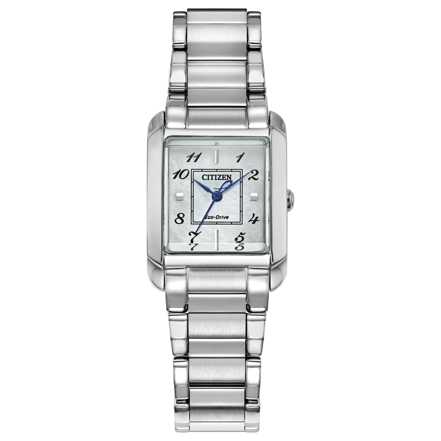 The Citizen L Bianca Ladies Eco-Drive (EW5600-52D) is a silver watch with a square face, silver band, black Arabic numerals, and blue hands—an elegant and sustainable luxury by Citizen.