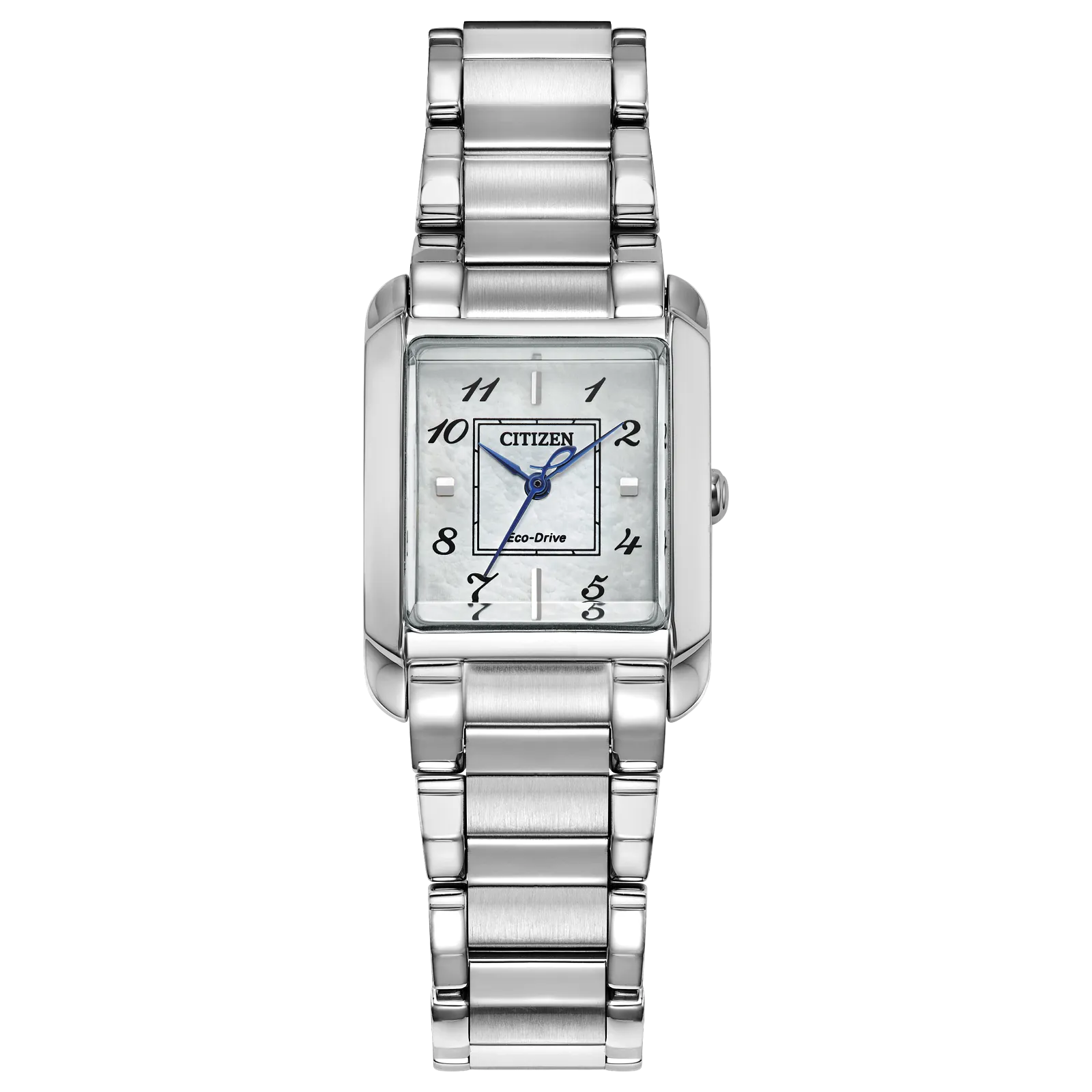 The Citizen L Bianca Ladies Eco-Drive (EW5600-52D) is a silver watch with a square face, silver band, black Arabic numerals, and blue hands—an elegant and sustainable luxury by Citizen.