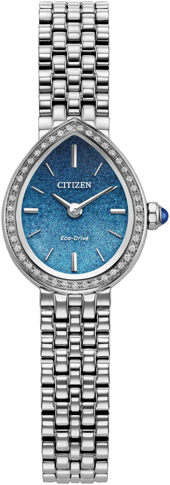 A silver Citizen Watch - Citizen L Rainell Limited Edition (EX1540-58L) womenโs wristwatch by Citizen, featuring Eco-Drive technology, a blue teardrop-shaped face with minimalist hour markers, sparkling crystal accents around the diamond-set bezel, and a sleek metal link bracelet.