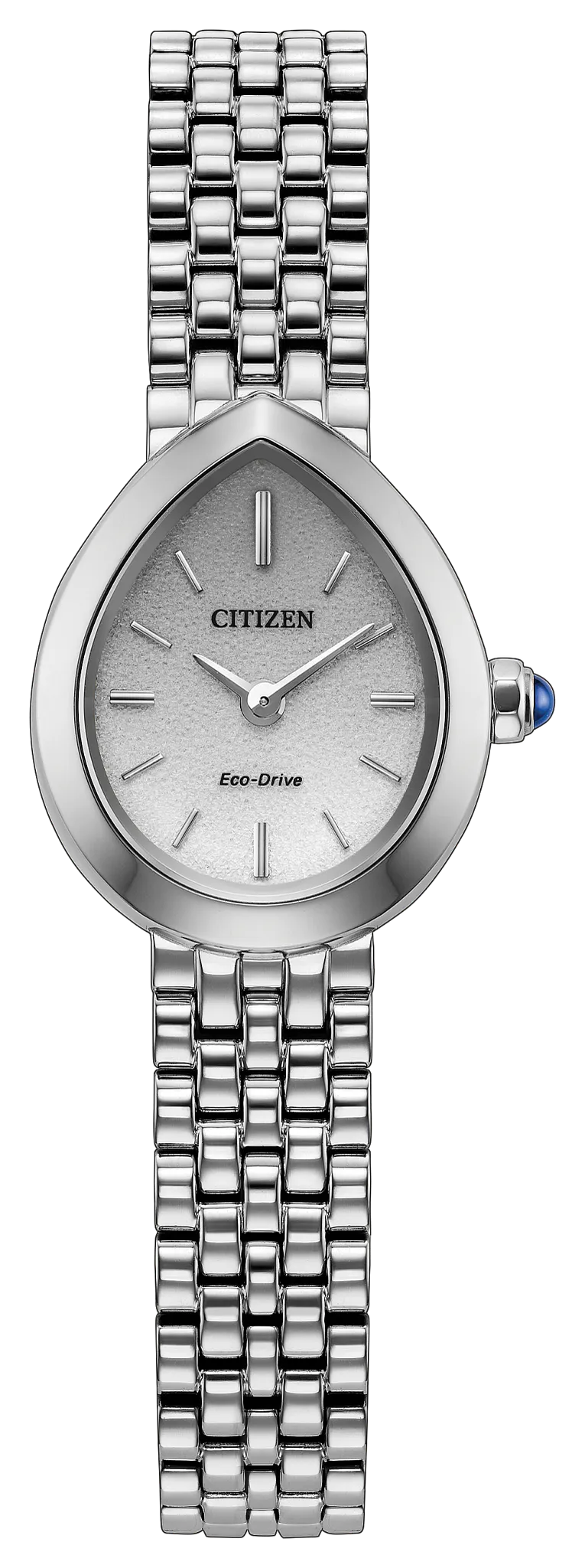 Citizen L Rainell Eco-Drive womenโs watch (EX1550-54A) by Citizen features a distinctive teardrop-shaped face, minimalist dial with silver hour markers, and a refined stainless steel bracelet. The crown is accented with a small blue jewel.