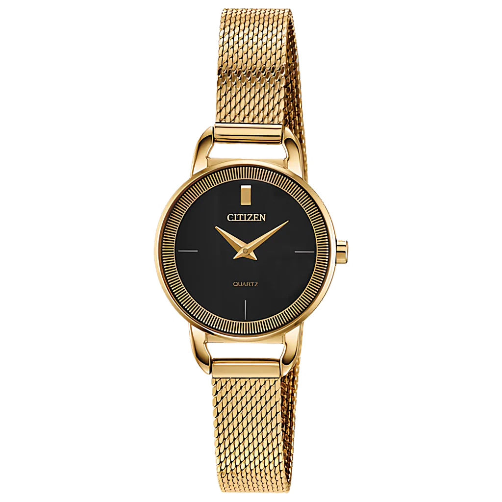 The Citizen Watch - Ladies Quartz (EZ7002-54E) features a black sunray dial, gold hour and minute hands, a rectangular 12 o’clock marker, and a gold-tone stainless steel mesh band.