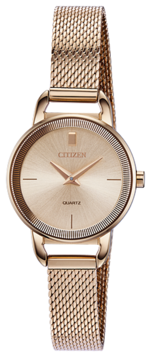 The Citizen Quartz Watch - Ladies' Quartz (EZ7003-51X) features a rose gold-tone minimalist dial with hour markers, a gold mesh band, and two handsβa refined quartz timepiece by Citizen.