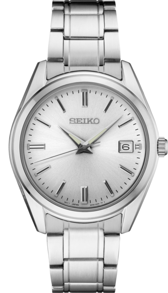 The Seiko Watch - Essentials - SUR307 by Seiko features a silver tone, stainless steel band, simple silver dial with baton hour markers, three hands, and a date window at 3 o’clock, shown in a front view.