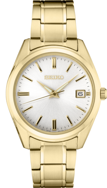 The Seiko Essentials SUR314 is a men's gold-tone dress watch with a silver dial, gold markers and hands, and a 3 o'clock date windowโan elegant quartz timepiece by Seiko.