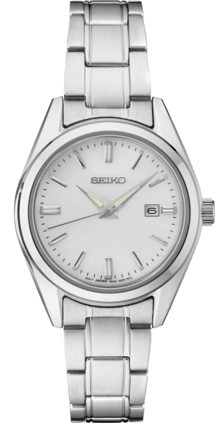 The Seiko Essentials SUR633 Watch features a stainless steel band, silver hour markers and hands on a white dial, sapphire crystal, and a date display at 3 o’clock.