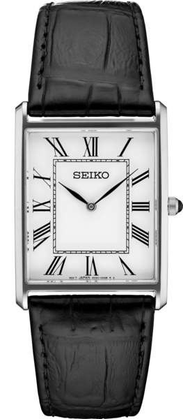 The Seiko Essentials SWR049 men's watch features a rectangular white dial with Roman numerals, black hands, a polished silver-tone case, and a textured black leather strap for timeless style.