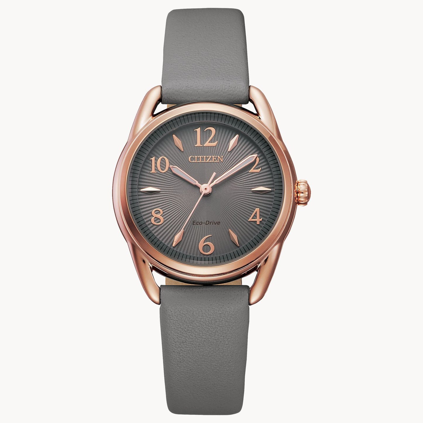 The Citizen Watch - Drive Collection - FE1218-05H features a rose gold case, gray textured dial with gold markers and hands, gray leather strap, 1:35 on the dial, and Eco-Drive displayed. Brand: Citizen.