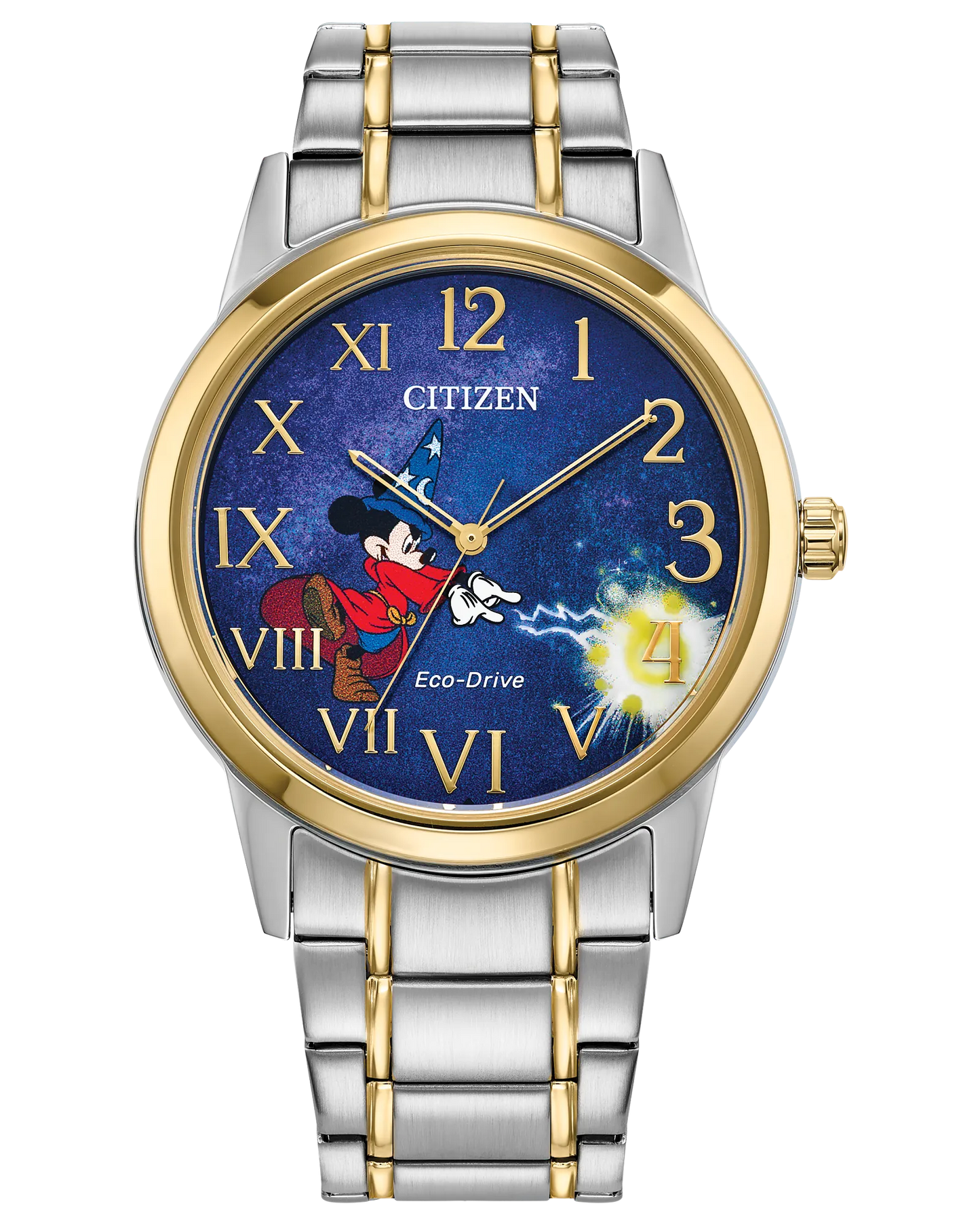 The Citizen Watch - Sorcerer's Apprentice Mickey (FE7064-71W) features a silver and gold band, blue starry dial, gold Roman and Arabic numerals, and Mickey from Disney's Fantasia pointing to the hands.