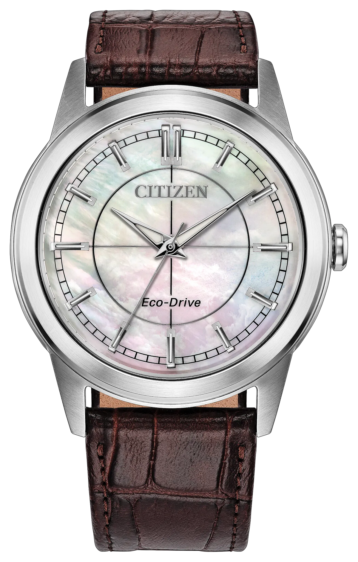 Citizen Rolan FE7130-10D watch with a stainless steel case, mother-of-pearl dial, and brown embossed leather strap.