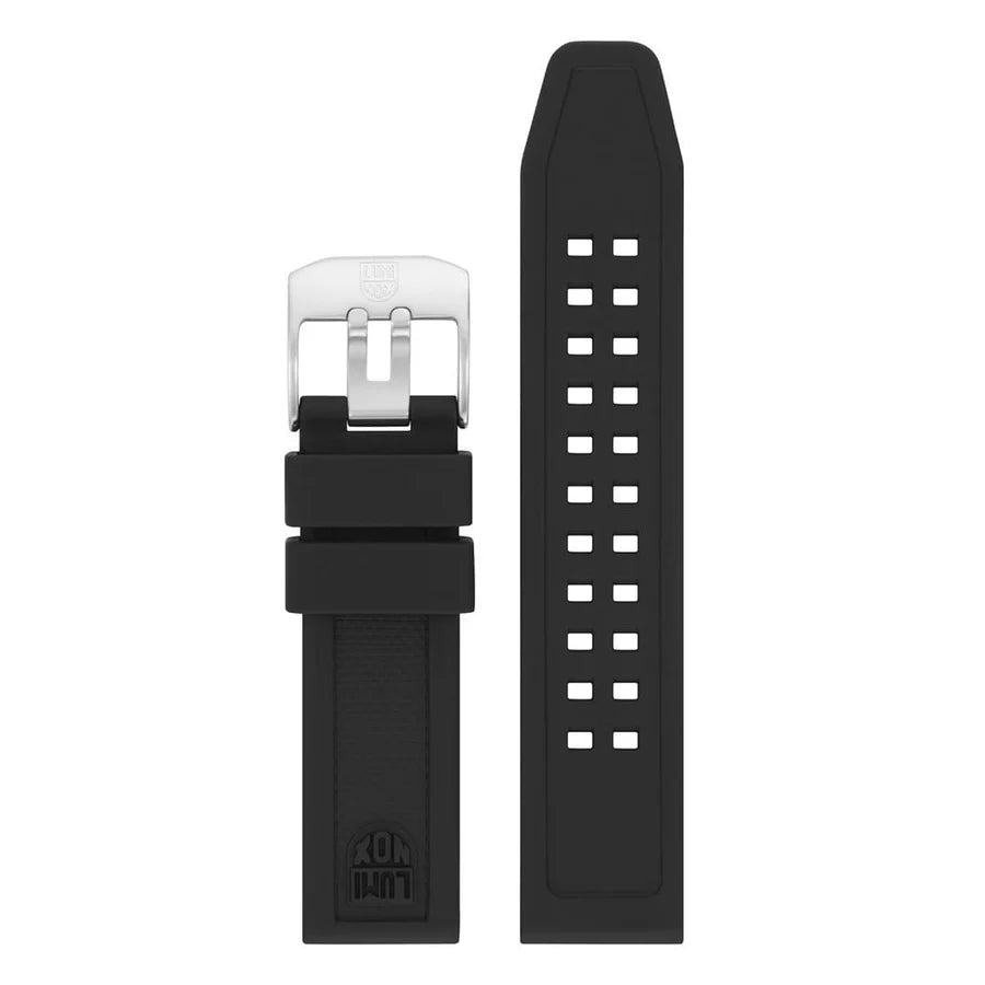 The Luminox Watchband - 20MM - FPX.7050.20Q.K by Luminox, a black silicone strap with silver buckle for the Navy SEAL 7050, is shown vertically next to its matching adjustable piece against a white background.