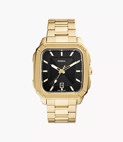 The Fossil Watch - Inscription - FS5932 features a gold-tone stainless steel bracelet, square black dial with gold hour markers, date at 6 o’clock, and matching gold hands.