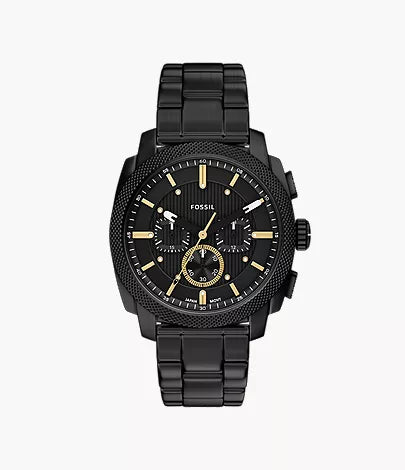 Fossil Watch - Machine Chronograph - FS6222 in black stainless steel with a textured bezel, matching link band, and gold-tone hands and hour markers on a matte black dial.