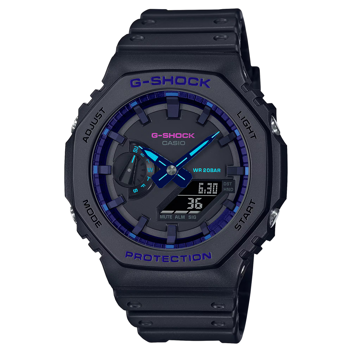 G-Shock Watch - Blue Violet - GA2100VB-1ACR shock resistant watch with a matte black bezel and strap, featuring a dark blue chapter ring, cyan hands, and a digital display window.