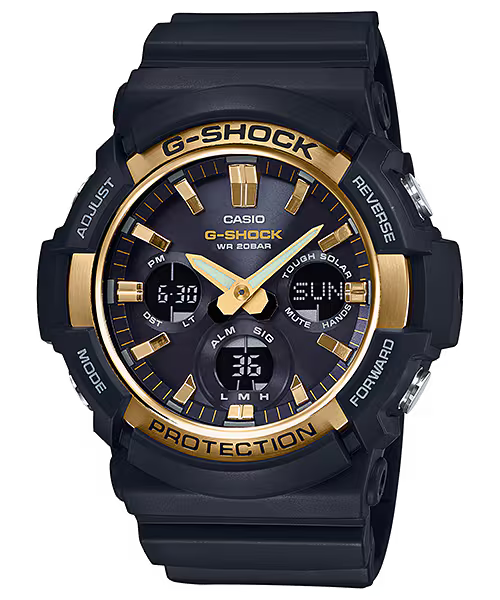 G-Shock Watch - Tough Solar - GAS100G-1ACR with a black analog-digital display, a gold-tone bezel, and a black dial featuring multiple digital sub-dials.