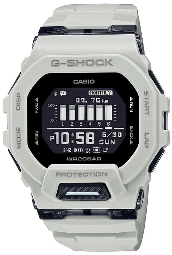 The VLC Distribution Co. G-Shock Watch - Smartphone Link - GBD200UU-9 features advanced sports technology, a black display showing time (10:58), date (June 30, Sunday), activity stats, labeled side buttons, and a rugged white design.
