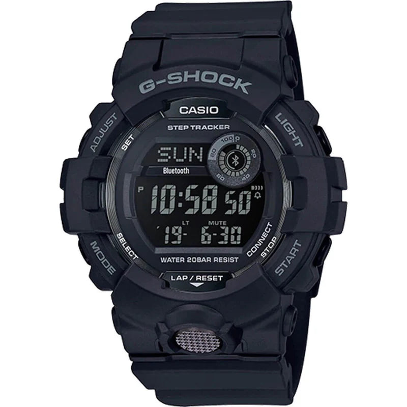 The VLC Distribution Co. Casio G-Shock Move GBD800-1B sports watch in black features a round face displaying time, day, and date, plus function labels, durable band, and multiple bezel buttons for rugged performance.