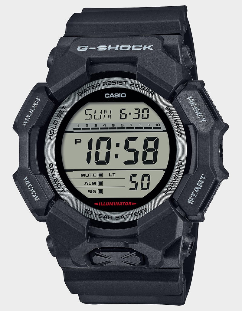 The VLC Distribution Co. G-Shock Watch - World Time - GD010-1 in black features a textured band, displays 10:58 and Sunday 6-30, and includes adjust, mode, select, start, reset, and forward buttons for versatile world time functions.