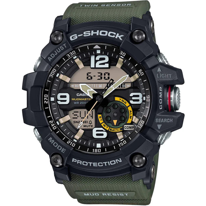 The VLC Distribution Co. G-shock Mudmaster GG1000-1A3 is a rugged, mud-resistant watch featuring a black and green design, Twin Sensor tech, analog/digital displays, bold numerals, and labeled buttons for light, mode, and search.