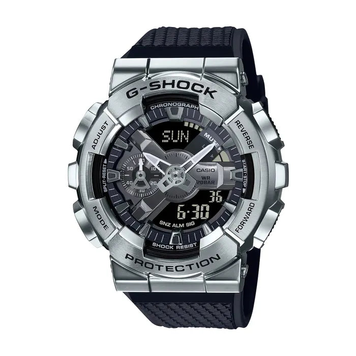 G-Shock Watch - Steel - GM-110-1ACR analog-digital watch with a stainless steel bezel, black textured strap, and a black dial showing the day, date, and multiple subdials.