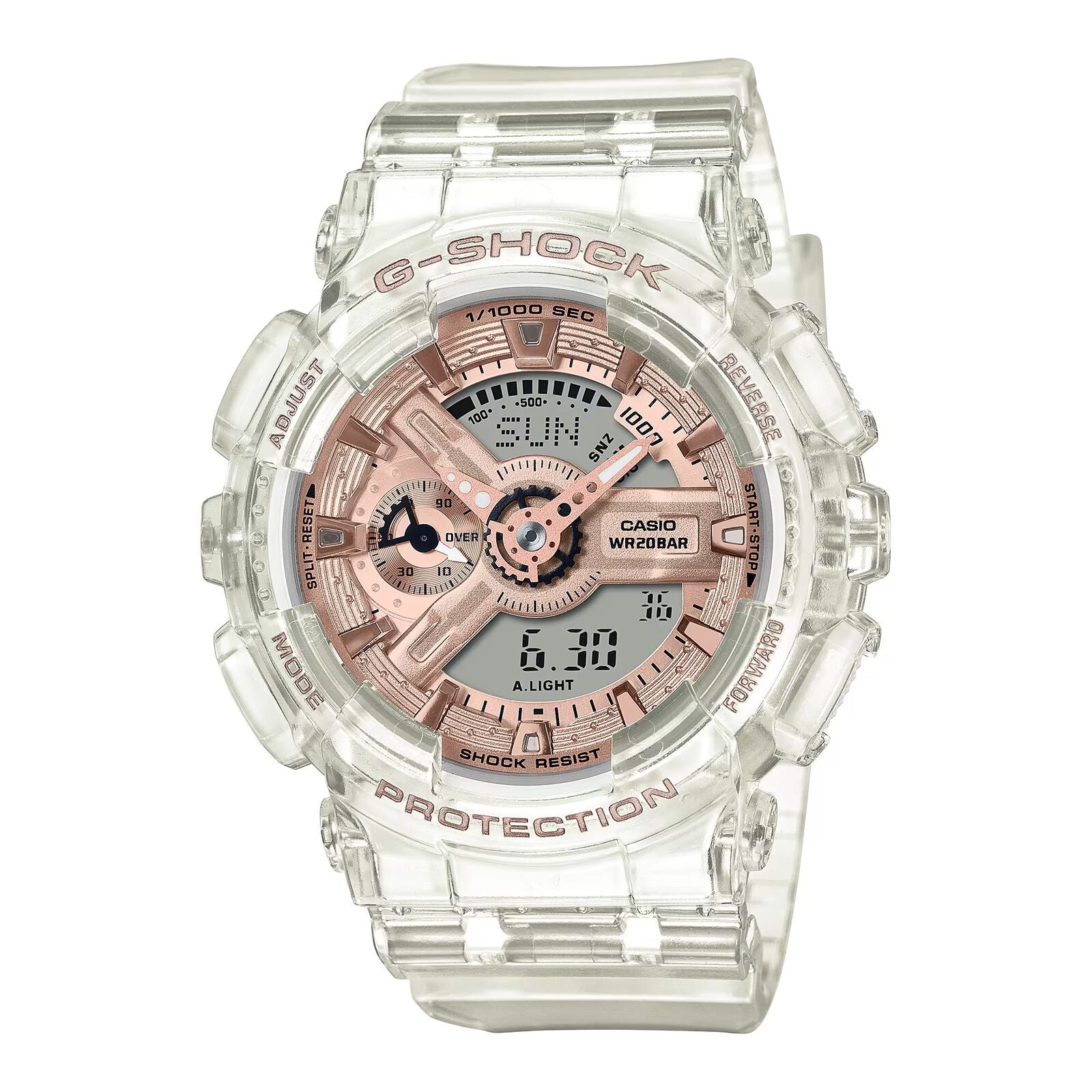 The Casio G-Shock GMAB800-7A by VLC Distribution Co. features a transparent band and case, rose gold and gray digital-analog display with multiple dials, WR20BAR, Shock Resist labeling, and a built-in pedometer.
