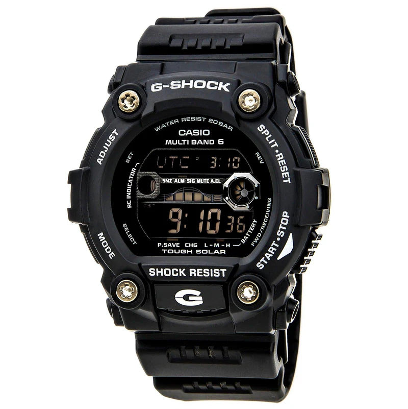 The Casio G-Shock Watch (GW7900B-1) from VLC Distribution Co.’s Solar Atomic G-Rescue Series features a black round face showing 9:10, with bezel labels including MULTI BAND 6, TOUGH SOLAR, and SHOCK RESIST.