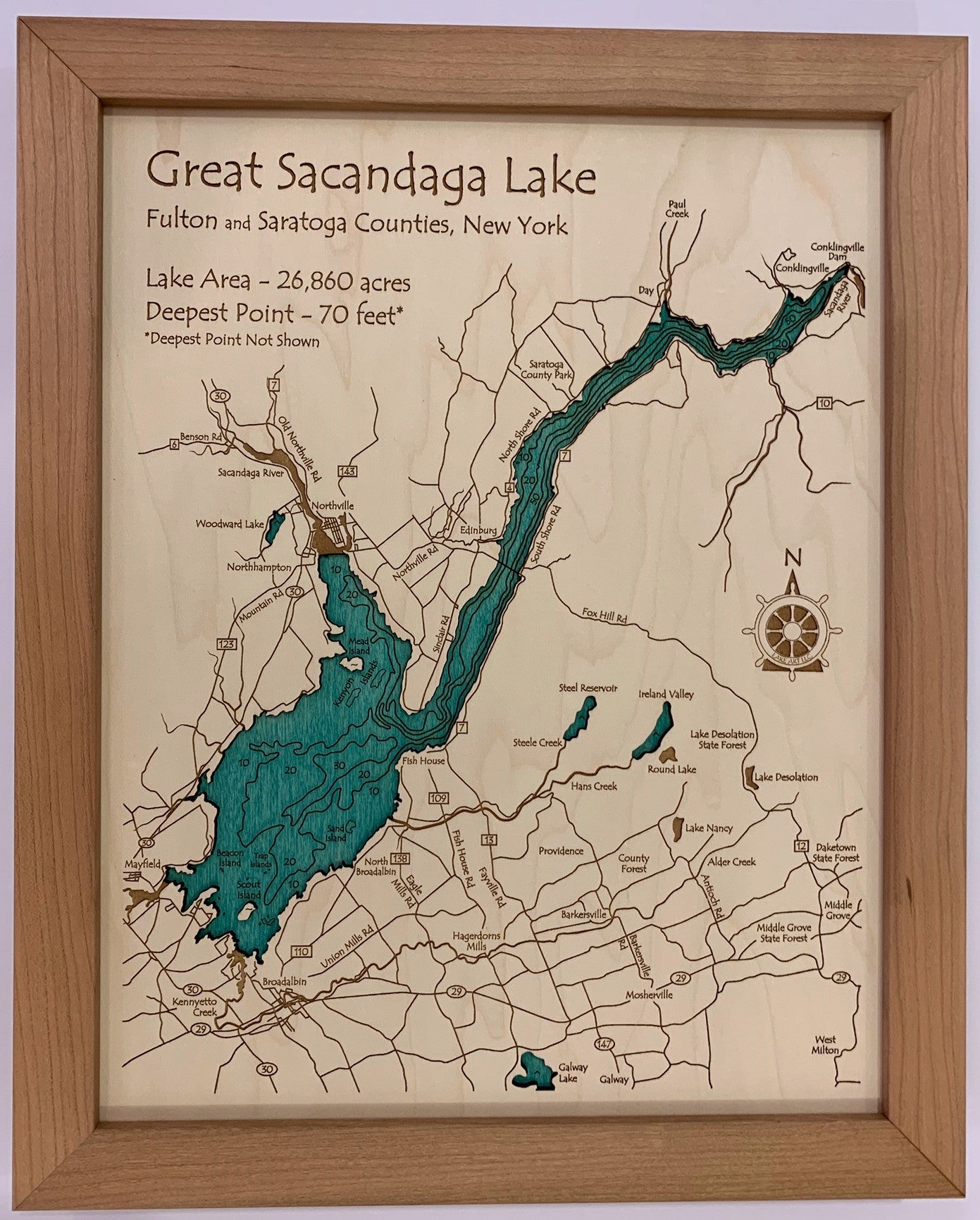 Lake Map - Great Sacandaga Lake - Laser Carved Wooden Relief Map - 11" x 14" - New York