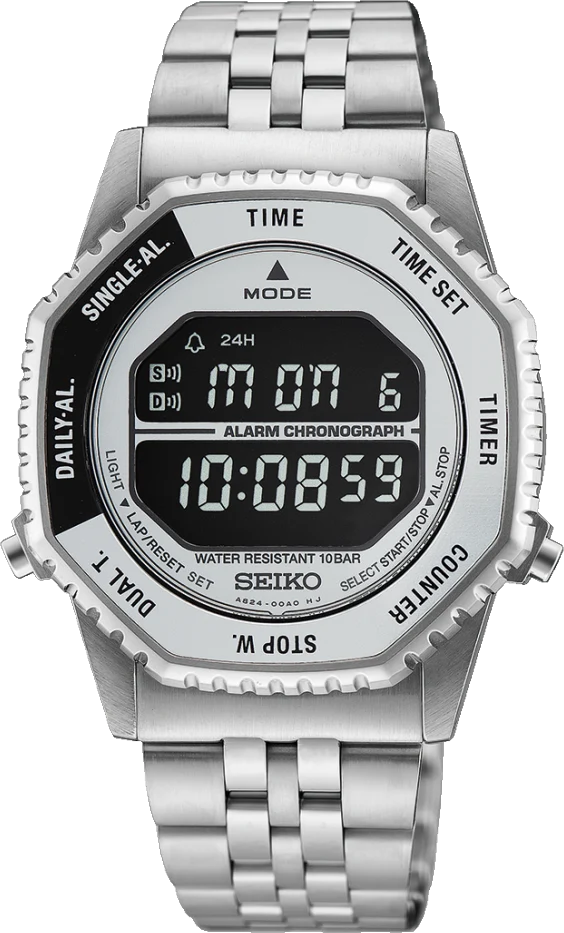 The Seiko Watch - Rotocall - HFL002, a silver digital wristwatch from Seiko reminiscent of the iconic Rotocall space watch, displays the time 10:08:59 and the date 17 MON 6 on its screen, with various labeled buttons around the bezel for mode, alarm, and chronograph functions.