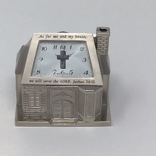 The Sanis Enterprises Mini Clock, model C286SIL, features a silver house with a cross and is engraved with “As for me and my house, we will serve the LORD. Joshua 24:15.”.