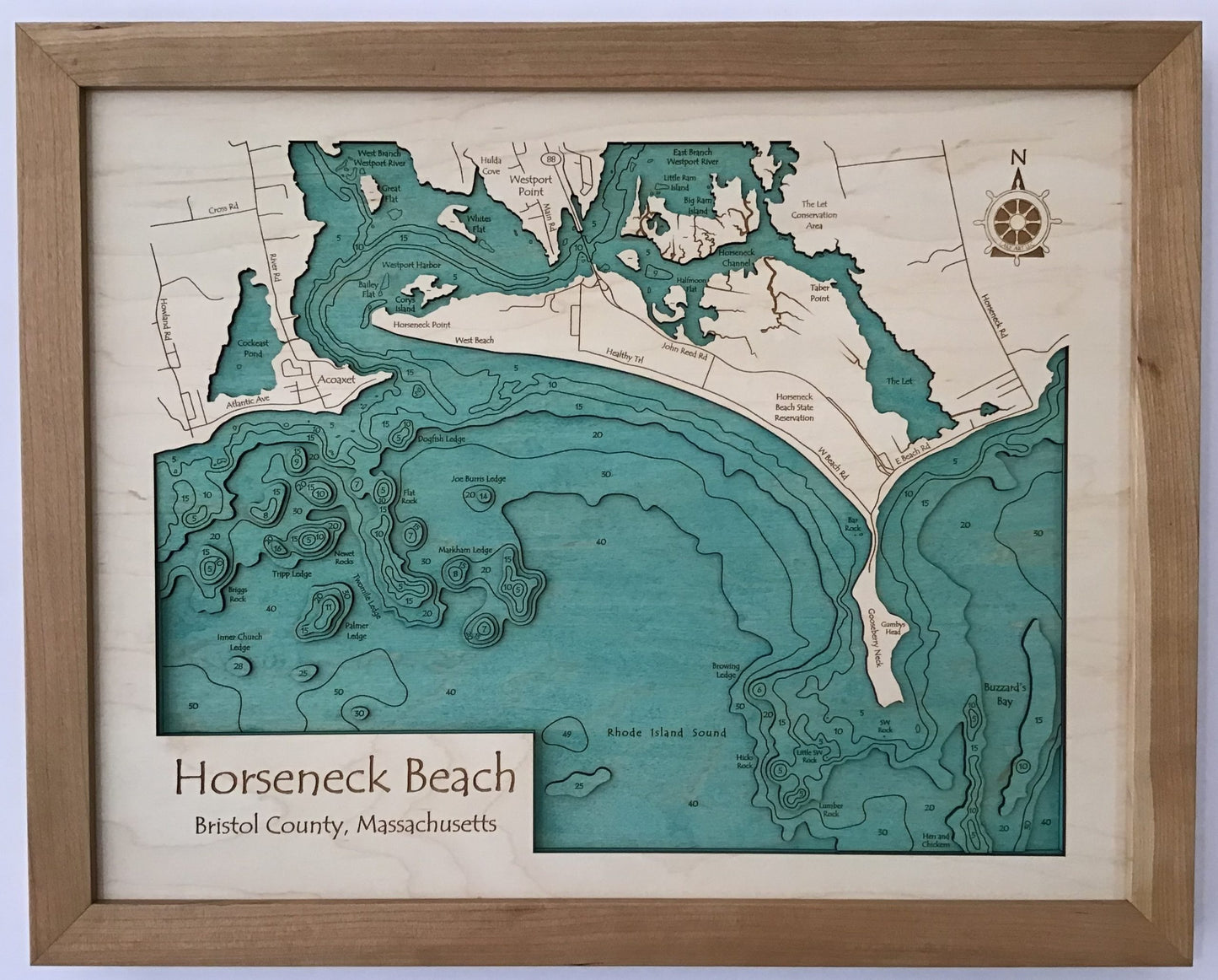 Lake Map - Horseneck Beach - Laser Carved Wooden Relief Map - 14" x 18" - Massachusetts