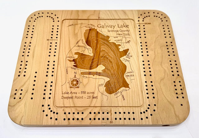 The Lake Art “Lake Gift - Galway Lake - Cribbage Board” features a detailed Saratoga County lake map, roads, compass rose, and peg holes—perfect for game lovers and locals seeking a unique gift.
