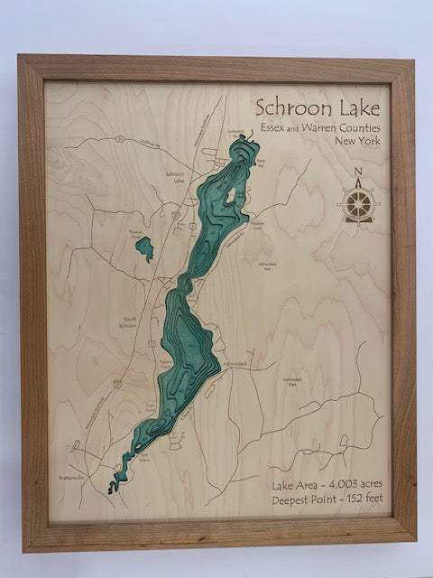 Lake Map - Schroon Lake - Laser Carved Wooden Relief Map - 14" x 18" - New York