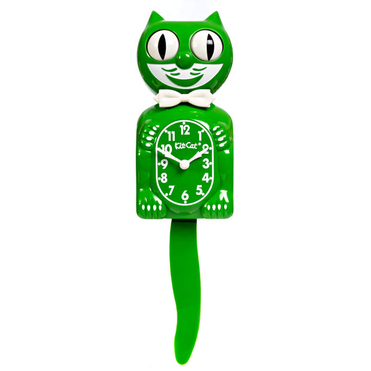 The California Clocks Kit-Cat Klock - Classic Gentleman Green (BC-54) is a retro wall clock featuring a smiling cat face, white bow tie, swinging tail, and side-glancing eyes with white numbers and hands. Made in America for vintage charm.