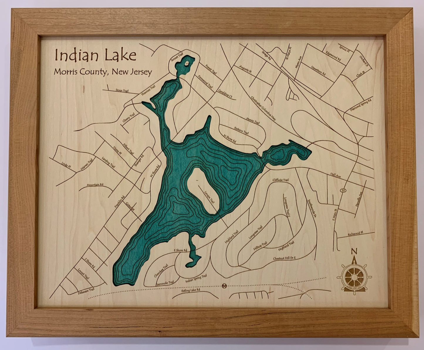Lake Map - Indian Lake - Laser Carved Wooden Relief Map - 11" x 14" - New Jersey