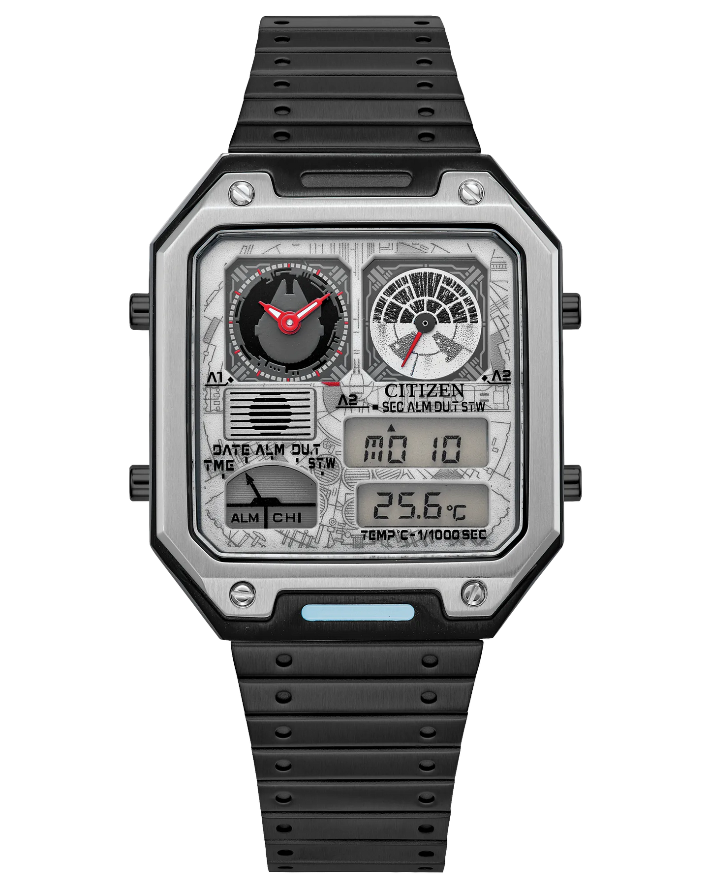 The Citizen Watch - Millennium Falcon - JG2146-53H by Citizen features a rectangular silver and black case, digital and analog displays, multiple dials and buttons, a technical map-like face, and a sleek black strap.