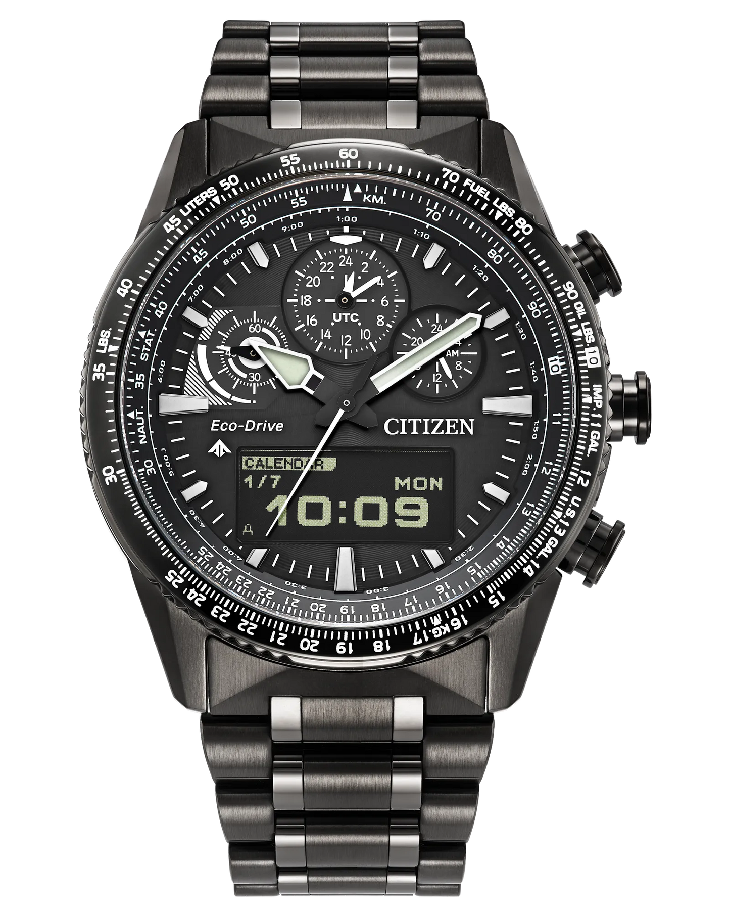 The Citizen Promaster Skyhawk U830 JV2005-58E is an analog-digital chronograph watch with a black and silver face, multiple subdials, digital display, bezel buttons, and displays the time as 10:09.
