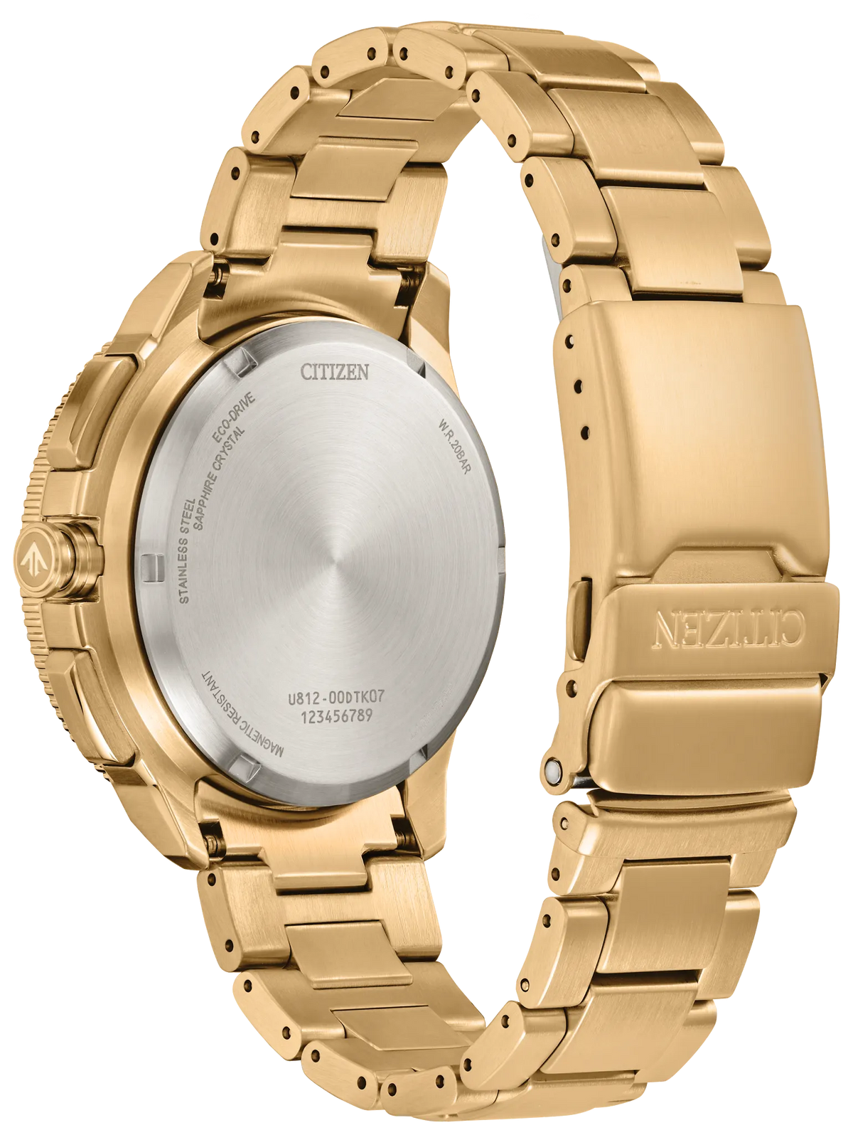 The Citizen Promaster WaveTracker JV3002-51E is shown from the back, highlighting its stainless steel case, engraved serial numbers, and a metal link bracelet with a clasp featuring the Citizen logo. This sophisticated timepiece integrates Eco-Drive technology, delivering reliable performance powered by light.