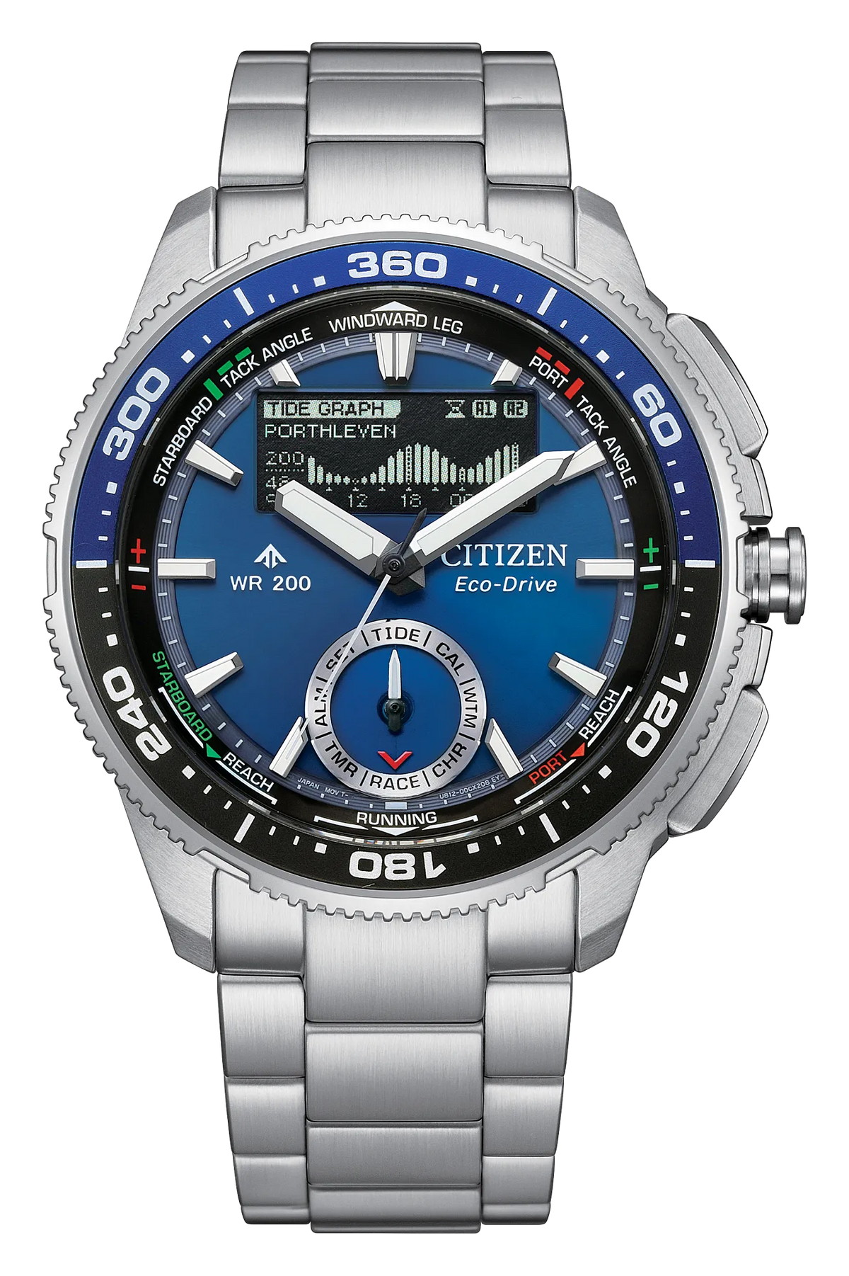 Citizen Promaster WaveTracker JV3006-50L analog and digital watch with a blue dial, stainless steel band, and a bezel featuring maritime navigation markings.