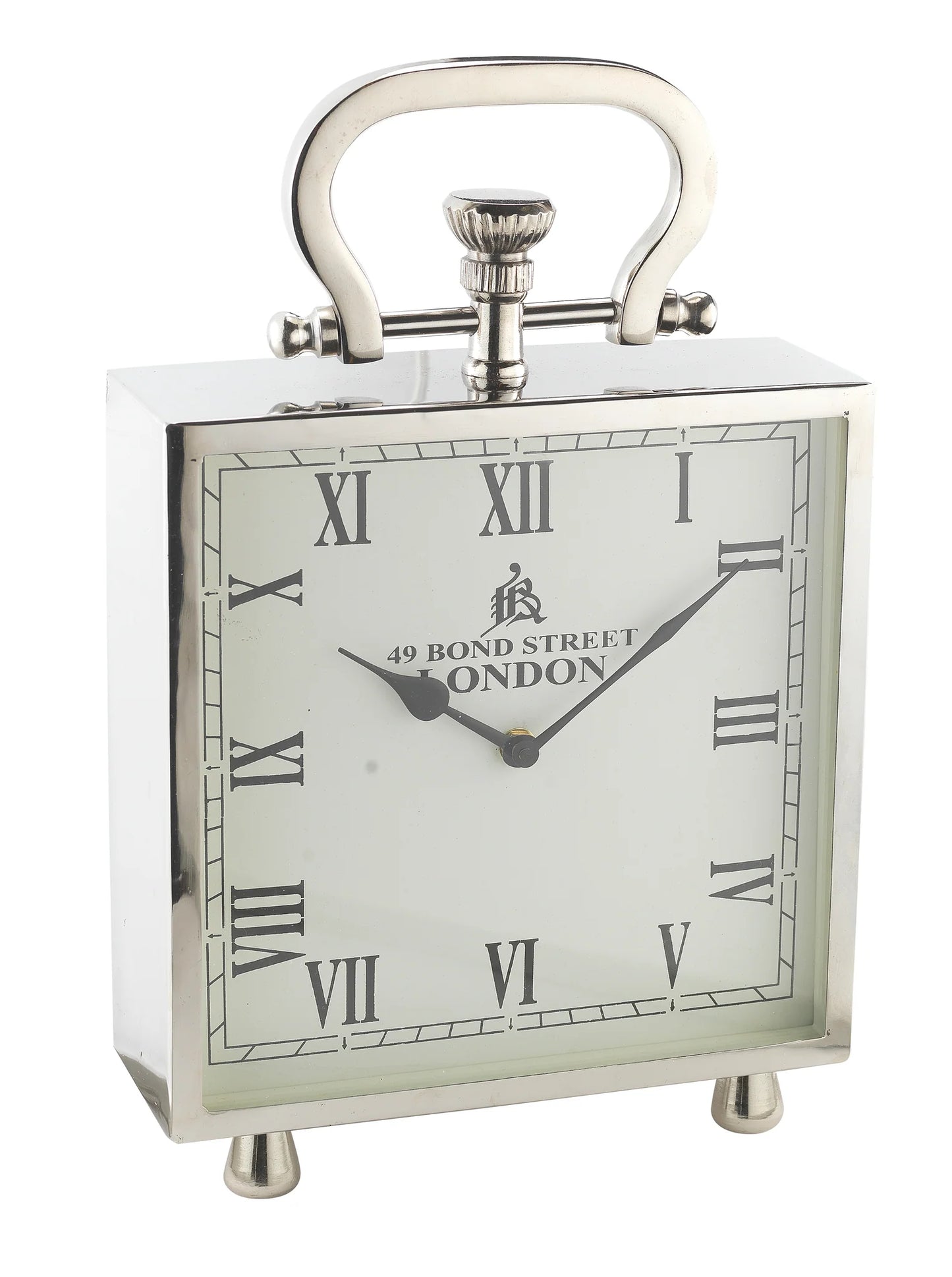 The A Sanoma - Large Nickel Clock (KG227) by A Sanoma is a square silver handmade clock with Roman numerals, 49 Bond Street London on the face, a top handle, small base feet, and shows the time as 10:09.