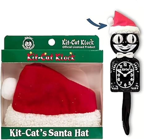 Add holiday cheer with the California Clocks Kit-Cat Klock Santa Hat Decoration (BC-SH)โshown packaged (left) and on a black Kit-Cat Klock (right). The packaging reads โKit-Catโs Santa Hat,โ perfect for Christmas decor!.